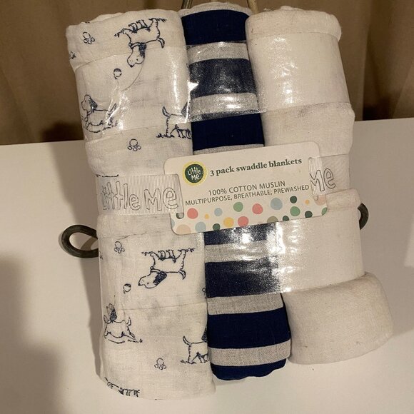 Little Me 3-Pack Cotton Muslin‎ Swaddle Blankets Puppy Print Blue White New - Picture 1 of 4